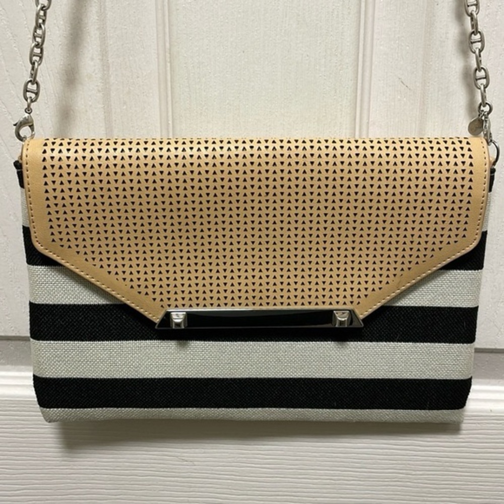 STELLA & DOT Black White Striped Tan Flap City Slim Clutch Crossbody Purse